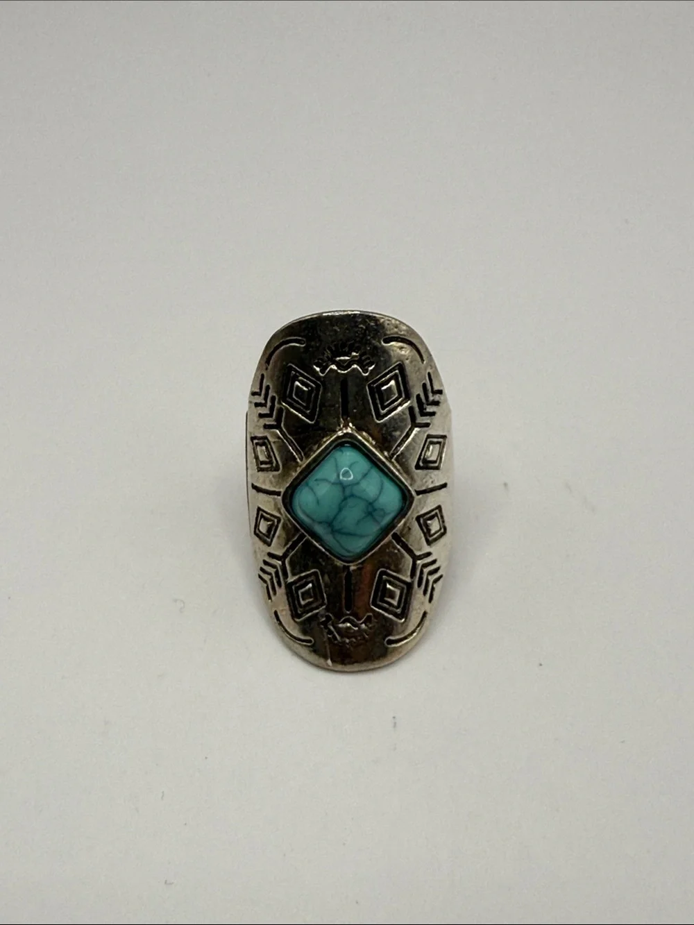 Vintage Southwestern Silver Tone Turquoise Blue Cocktail Statement Ring Size 6
